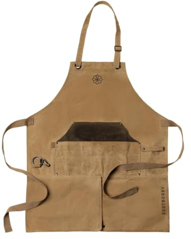 Sallys Gartenschürze aus wasserabweisenem gewachstem Canvas-Stoff,größenverstellbar, Reißverschluss im Schritt, viele Taschen, 100% Baumwolle