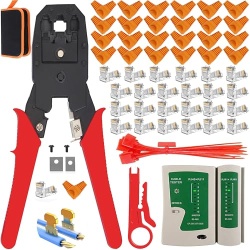 MAYLINE-TECH Red Network Tool Kit - Cat5e/Cat6 Cable Tester & Crimper, Wire Stripper & Cutter, RJ45 Crimp Tool, 10x RJ45 Crystal Head, 10x Protective Sleeve