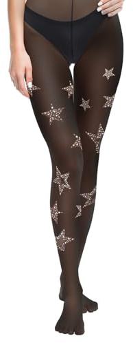 sesameless Women Star Tights, Fashion Design Star Pattern Rhinestone High Stockings Pantyhose for Party Concert (UK, Alpha, One Size, Regular, Regular, Star Tights)