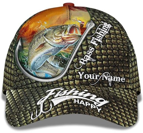 Golf Caps Fischer Vater 3D Benutzerdefinierte Name Mit Forellenbarsch Angelhaken Und Bass Angeln Baseball Cap Leichtgewicht Trucker Baseballcap Baumwolle Freizeit Basecap