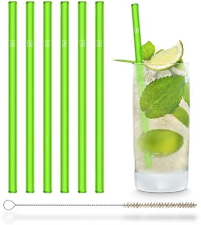 HALM Grüne Glasstrohhalme 6 Stück 20 cm Neon Grün für Kinder & Party + plastikfreie Reinigungsbürste - Spülmaschinenfest & Nachhaltig - Strohhalme aus Glas