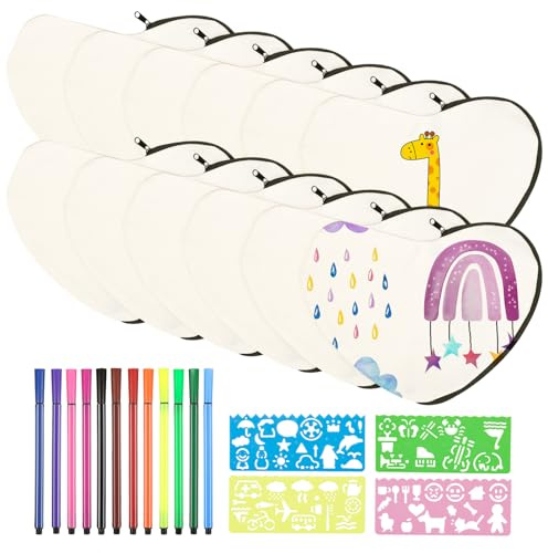Lvefyti 10 Herzförmige Stoffbeutel zum Bemalen, DIY Federmäppchen mit 12 Buntstiften und 4 Malschablonen