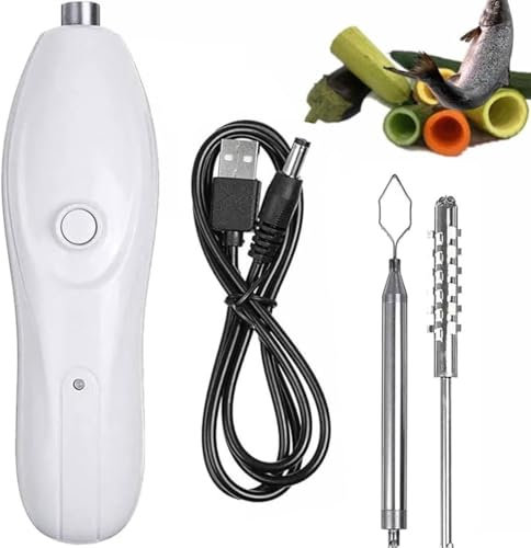 OZPPM Tragbarer kabelloser Gemüseschneider, elektrischer Zucchini-Entkerner mit 2 Schneidköpfen, Handheld-Elektro-Schabwaage, Obstgraben Entkerner, Entkalker für Meeresfrüchte, Obst und Fisch