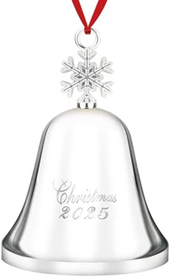 2025 Christmas Bell, Christmas Tree Decorations, Silver Bell Ornament for Christmas Decorations and Anniversary with 2 Ribbon, Snowflake Design