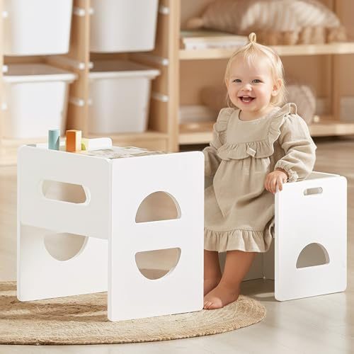 Funlio Höjdjusterbart Montessori bord och stol set för ålder 1–3, massivt trä småbarn, avvänjning babybord, stol set för mat/lek/läsning, lätt att montera – vit