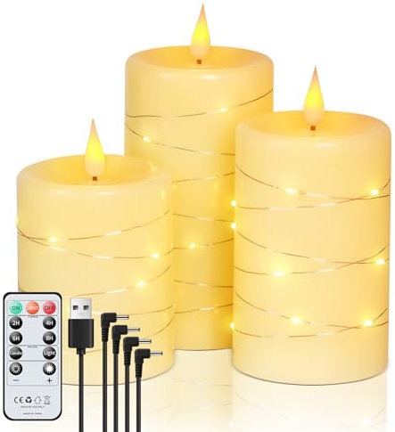 Forever Speed 3 Bougies LED Rechargeable avec Guirlandes Lumineuses, 1000mAH Bougies Sans Flamme avec Télécommande Bougies à Led Graduable pour Fête Décoration de la Maison, Camping, Mariages