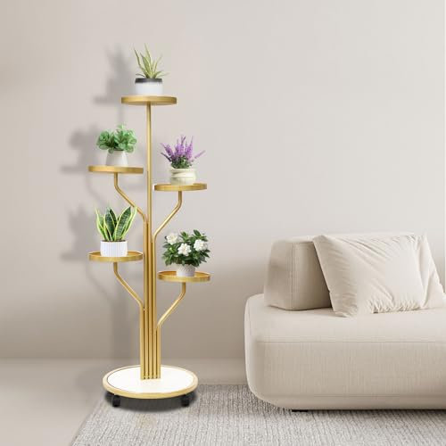 WindWilder 5 Ebenen Pflanzenregal aus Metall, 60x130cm Blumen- und Pflanzentreppe, Mehrstöckig Pflanzenständer, Gold Blumenständer für Innen Außen Balkon Terrasse Garten Dekor