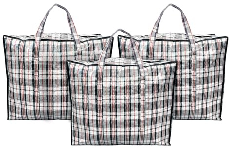 ANSIO Tvättförvaringspåsar, återanvändbara tvättpåsar med blixtlås idealiska för flyttning av huskläder och garderobsförvaring (60 L x 25 B x 50 H cm) (förpackning med 3)