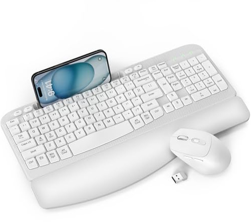 Wireless Keyboard and Mouse Combo, EAYBLLY Wave Keys Wireless Ergonomic Keyboard with Cushioned Wrist Rest, Phone Holder, 2.4GHz Silent Cordless Mouse Set for Computer, Laptop, PC, Windows (White)
