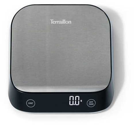 TERRAILLON - EPSILON - Balance de cuisine électronique de précision, Compacte, Capacité 5 Kg, Graduation dynamique 0,1g-0,5g-1g, Ecran LCD rétroéclairé, Inox