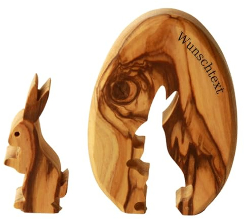 Kassis Geschenkartikel personalisierbarer Osterhase im Ei 7 cm – gravierte Olivenholz Dekofigur – handgemachte Osterdeko mit Wunschtext