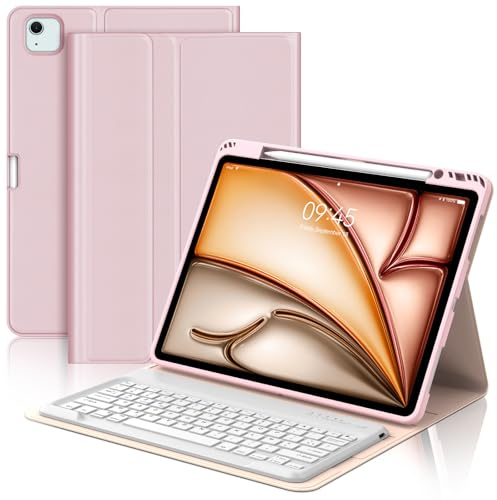 Coque Clavier pour iPad Air 13 Pouces (M4 2026, M3 2025, M2 2024) et iPad Pro 12.9 Pouces (6e/5e/4e/3e Gén), AZERTY Français Housse Clavier Bluetooth Magnétique Détachable avec Porte Crayon, Rose