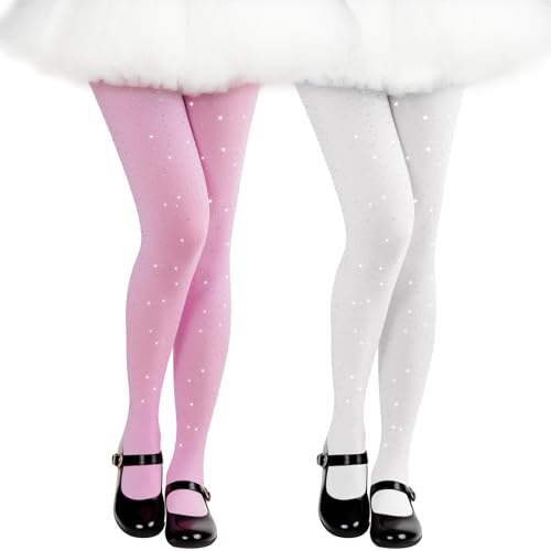 phnydreg 2 Pairs Sparkly Tights for Girls Kids Ballet Tights Dance Stockings for Toddler School Dress Cosplay Accessories (US, Alpha, Small, Regular, Pink+White)