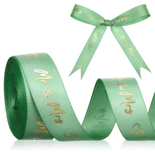Xinnun Hochzeit Schleifenband 4,5 m x 15 mm Hochzeit Geschenkband, Grün | Mr & Mrs Deko Hochzeit Geschenkband, Herz Satinband, Hochzeitsband für Hochzeitsdeko, Geschenkpapier Hochzeit DIY