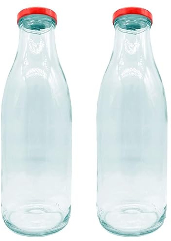 Acan Tradineur Lot de 2 bouteilles en verre avec couvercle rouge en laiton, fermeture à vis, eau, lait, smoothies, jus de fruits, smoothies de légumes, réfrigérateur - 1 litre