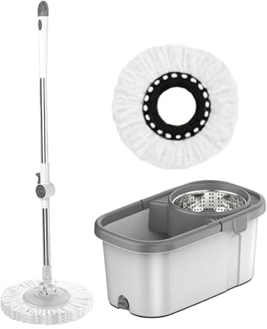 Ensemble seau de nettoyage rotatif à 360 degrés, outil de nettoyage domestique, deux têtes de rechange incluses, acier inoxydable ABS robuste, salle de bain, salon, 35,6 x 30,5 x 27,9 cm