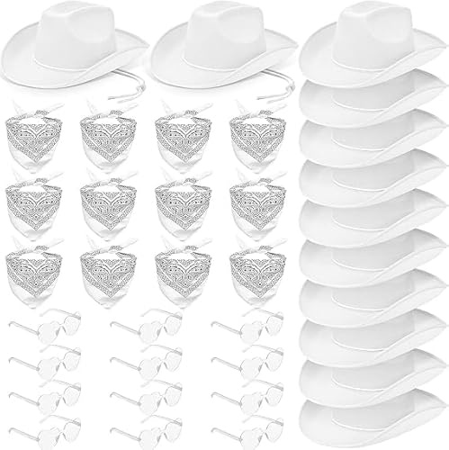 SWHCM 36-teiliges Cowboyhut Set für Erwachsene – Filzhut mit Bandana und Herz-Sonnenbrille – Unisex Western Kostüm für Damen und Herren (Weiß)