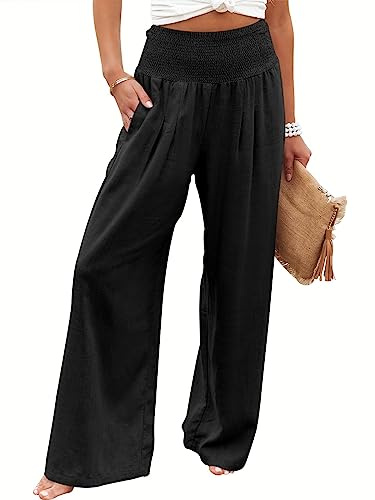Cegerne Pantalones de Lino Ligero Casual Pierna Ancha Palazzo Casual Pantalones de Verano para Mujer, Negro-1, M