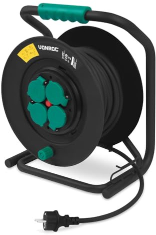 VONROC PRO kabeltrumma 25 m – IP44 – neoprenkabel H07RN-F 3 x 1,5 mm² – 4 Schuko-uttag med jord, 3 000 watt (lindad)/1 100 W (rullad) – fast kärna – värmeskydd