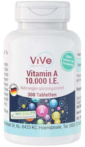 Vitamin A 10 000 IE - 300 tabletter - 3000 μg - Retinylacetat - Hög dosering - Biotillgänglig - Kvalitet från Tyskland - ViVe Supplements