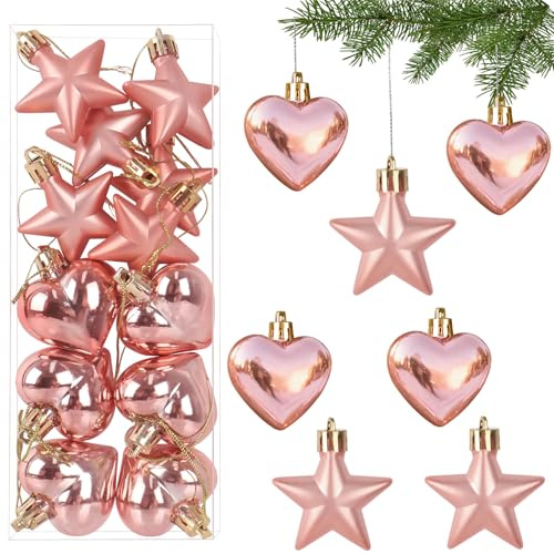 12er Weihnachtskugeln Sterne & Herz Set,Christbaumanhänger Roségold Weihnachtsbaumschmuck Bruchsicher,Kunststoff Christbaumkugeln Ø 5 cm