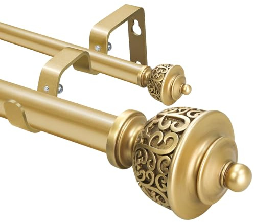 Tringle à rideaux double dorée de 2,5 cm avec embouts de style vintage - Tringle à rideaux de 71,1 à 122 cm pour chambre à coucher et décoration d'intérieur