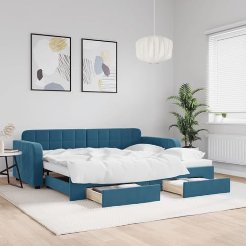 Frdhee Bett Gestell Familienbett, Tagesbett Ausziehbar mit Schubladen Blau 90x200 cm Samt, Industrie-Stil, Einfache Montage