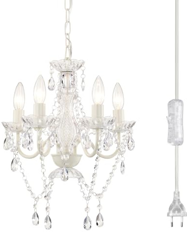 Alighting Kronleuchter Weiß mit Stecker 4-flammig | Kleiner Acryl Kronleuchter mit Kristalloptik Ø41cm, Pendelleuchte für Kleine Räume, Schlafzimmer, Flur, E14