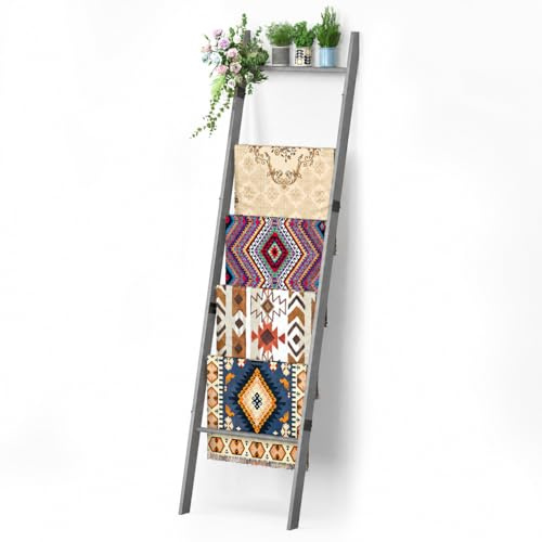 BAMBANG Handtuchleiter Kleiderleiter Holz,180cm Handtuchhalter Leiter Dekoleiter Kleiderständer Schlafzimmer,Holzleiter Deko Handtuch Leiter Vintage,Kleiderablage Stehend Bad,Blanket Ladder Rack Grau