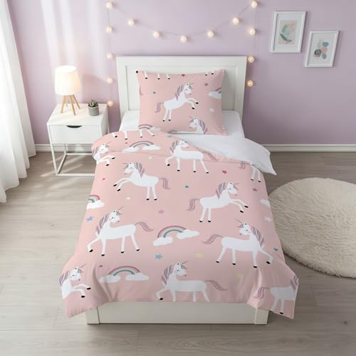 DJDEA Einhorn Bettwäsche Kinder 135x200 Mädchen Weich Mikrofaser,Einhorn Motiv Kinderbettwäsche mit Reißverschluss, Bettbezug und 1 Kissenbezug 80X80cm Geschenk für Mädchen