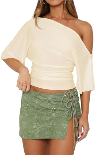 LEEDYA Cute Sexy One Shoulder Tops for Women Asymmetrical Ruched Top Baggy Casual Tight Shirts Going Out Top Tee Apricot L