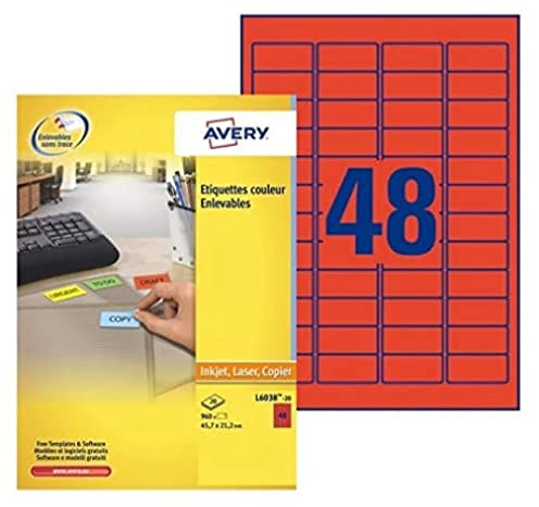 AVERY Zweckform L6038-20 Rote Etiketten (960 Aufkleber, 45,7x21,2mm auf A4, wieder rückstandsfrei ablösbar, selbstklebende Farbetiketten, Papier matt, bedruckbare, farbige Klebeetiketten) 20 Blatt