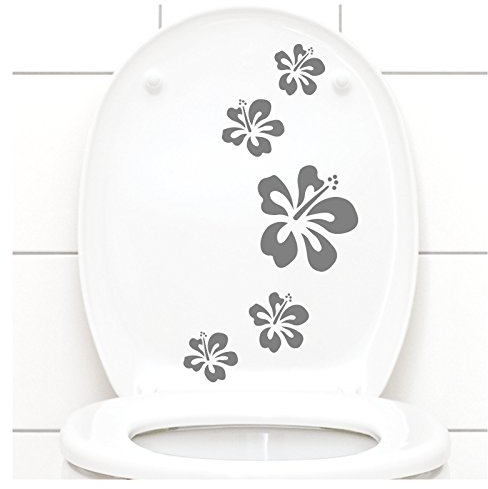 Grandora W916 Lot de 5 autocollants pour couvercle de toilette, motif fleurs d'hibiscus, gris moyen