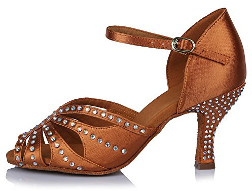 HROYL Scarpe da Ballo Latino Donna con Strass Scarpe da Ballo da Sala Salsa Bachata,Marrone IT-43502-6.5,EU 39