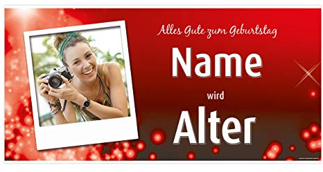 Herz & Heim® Partybanner Geburtstag mit eigenem Fotos und Namen 0,80 x 1,60 m (Rot)