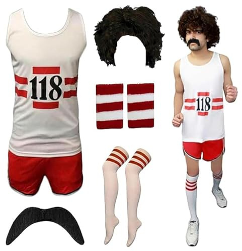 Unisex Womens 118 Set Fancy Dress Mens Costume Marathon Retro Sleeveless Vest, Shorts, TASH, Socks and Wig Set for Unisex Plus Size UK Small to X-Large