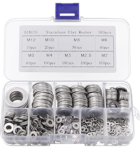 Belle Vous Runde Edelstahl-Unterlegscheiben Set mit Aufbewahrungsbox (580 Stück) - 9 Verschiedene Größen M2, M2.5, M3, M4, M5, M6, M8, M10 und M12 - Reparatur, Heimdekor und Tür Unterlegscheiben