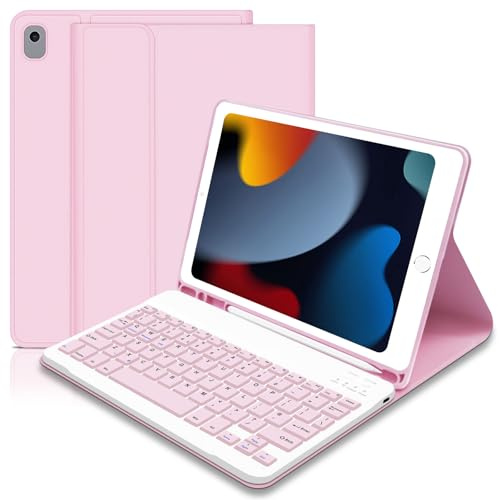 Tangentbordsfodral för iPad 10.2 9th Generation 2021/8th Gen 2020/7th Gen 2019/Air 3rd 2019/iPad Pro 10.5 2017 – smalt skyddsfodral med Apple-pennhållare trådlöst avtagbart tangentbord (rosa)