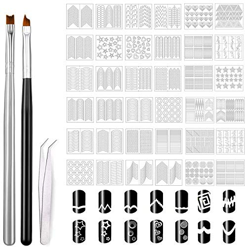 MWOOT 1275 Nailart French Schablonen für Gelnägel, Nagelsticker Set mit 2 DIY Nageldesign Pinseln, Nagelkunst Zeichnen Aufkleber Kit, French Form Guides Nail Stickers