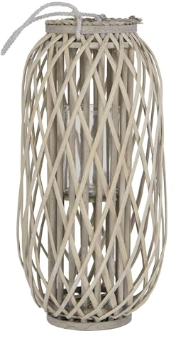 ECD Germany Laterne Ried 60xØ30 cm mit Henkel, Natur Grau/Braun, Holz Flechtoptik Rattan Windlicht mit Glaseinsatz, Retro-Laterne Korbgeflecht, Handgeflochtene Gartenlaterne Kerzenhalter Kerzenständer