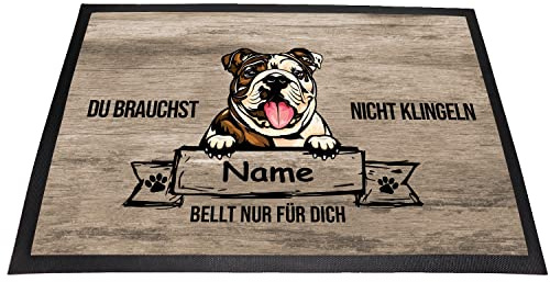 Tierisch-tolle Geschenke Fußmatte Hund „Du brauchst Nicht klingeln“ mit Hundemotiv und Namen (über 70 Rassen verfügbar) | Innen | Außen | Waschbar | Witzig |Personalisiert (Englische Bulldogge 1)