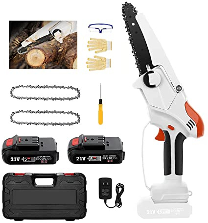 GZPFDQ 6 Pollici Mini Motosega a Batteria Portatile Seghetto a Batteria con batterie Ricaricabili,Chiusura di Sicurezza, per Il Taglio del Legno del Ramo di Albero(2 Catena,2Batteria)