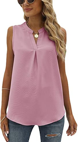 Yming Damen Chiffon Tanktops Kausales V-Ausschnitt Shirt Ärmelloses Plissee Shirt Rosa L