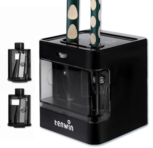 tenwin Elektrischer Bleistiftspitzer, Duale Stromversorgung, Geeignet für tragbare Bleistiftspitzer von 6-12mm Buntstiften, Künstler/Erwachsene/Büro/Schule/Haus, Schwarz