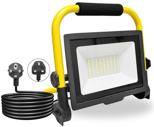 PICAA 5000LM LED Work Light, LED Outdoor Flood Light, Job Site Lights, Plug in Folding Portable Stand Work Lights Floodlight for Car Repairing Home Workshop Garage, 6500K with UK Plug
