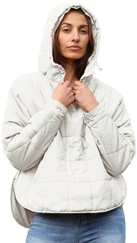 Freyhem Women's Pullover Puffer Jacket Quilted Lightweight Dolman Sleeve Button Down Hooded Padded Coat with Pocket(White-L)
