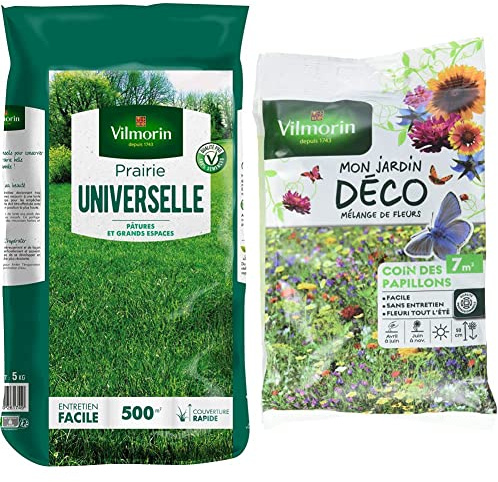 VILMORIN - Prairie Universelle - Pour pâtures et grands espaces - Entretien facile - Couverture rapide - 5 Kg = 500 m² de Prairie & 5867607 Pack de Graines Mélange de Fleurs Coin des Papillons 7 m²