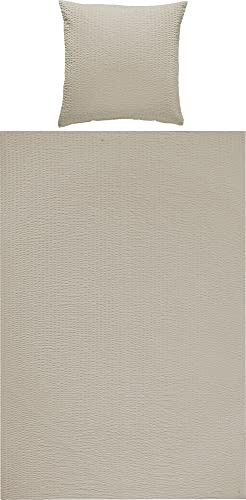REDBEST Bettwäsche, Bettgarnitur Seersucker Uni Detroit Taupe Größe 80x80 cm / 155x220 cm - weich, schnell trocknend, bügelfrei, mit Reißverschluss