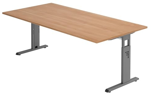 bümö höhenverstellbarer Schreibtisch O-Serie 200x100 cm in Nussbaum, Gestell in Graphit - großer PC Tisch für's Büro manuell höhenverstellbar, Computertisch verstellbar