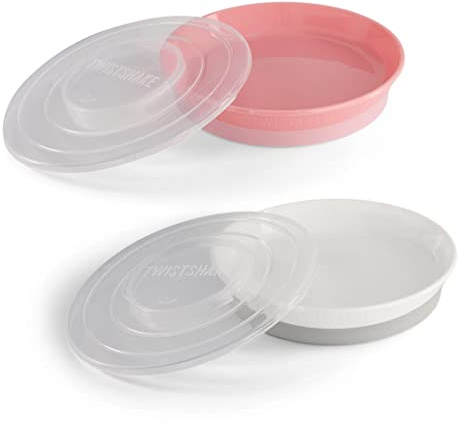Twistshake 2x Teller | Babyteller mit luftdichtem Deckel | BPA-freier Baby-Entwöhnungsteller | Essenstrainingsteller | Lernteller für Kinder | 6 Monate+ | Neugeborenen-Essentials | Rosa Weiß